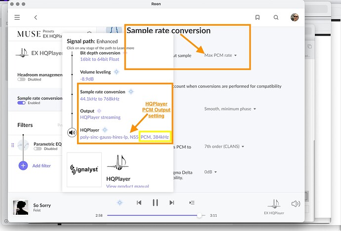 Roon Signal Path -  Sample Rate Conversion set to Max PCM rate